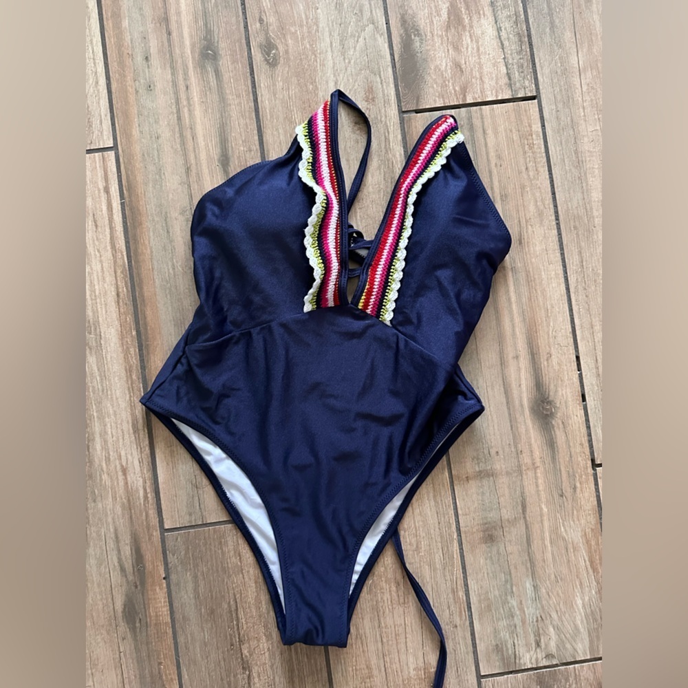 CUPSHE Navy One-Piece Swimsuit with Colorful Trim